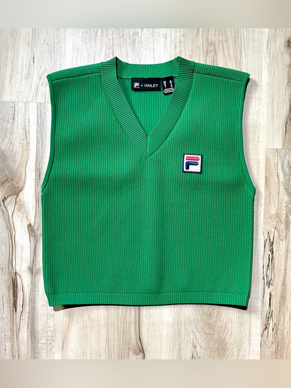 Fila X Hailey Green Ribbed V-Neck baby cropped Vest with Logo Patch